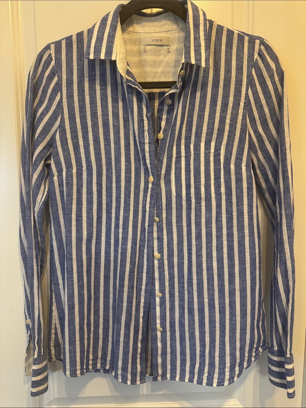 J. Crew Women’s Blue and White Vertical Stripe Button-Down Shirt
